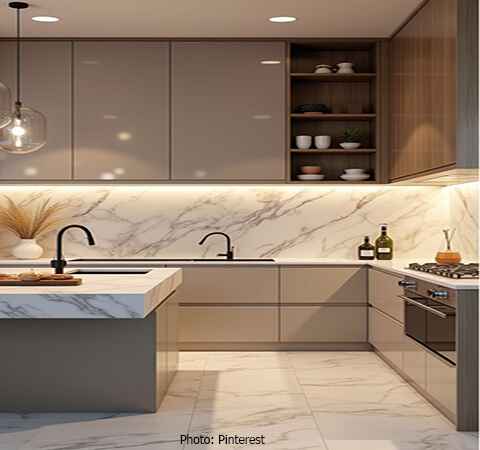 ASASA Kitchens bright and stylish kitchen with a stunning backsplash.